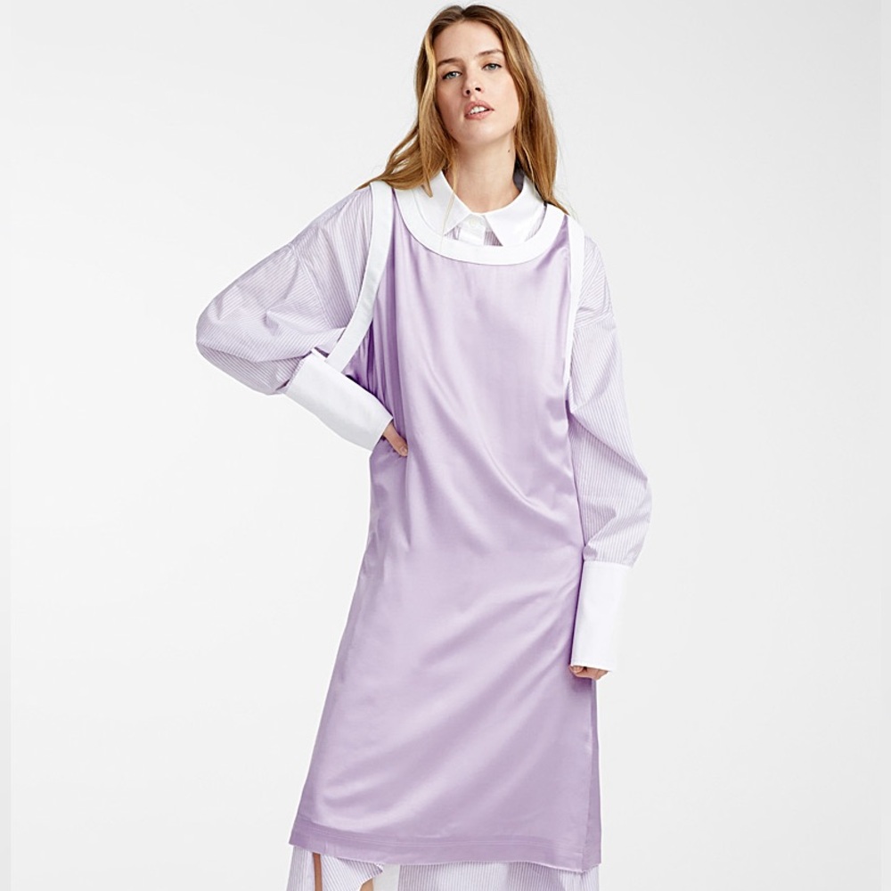 LECAVALIER silky purple dress with white leather trim, size small